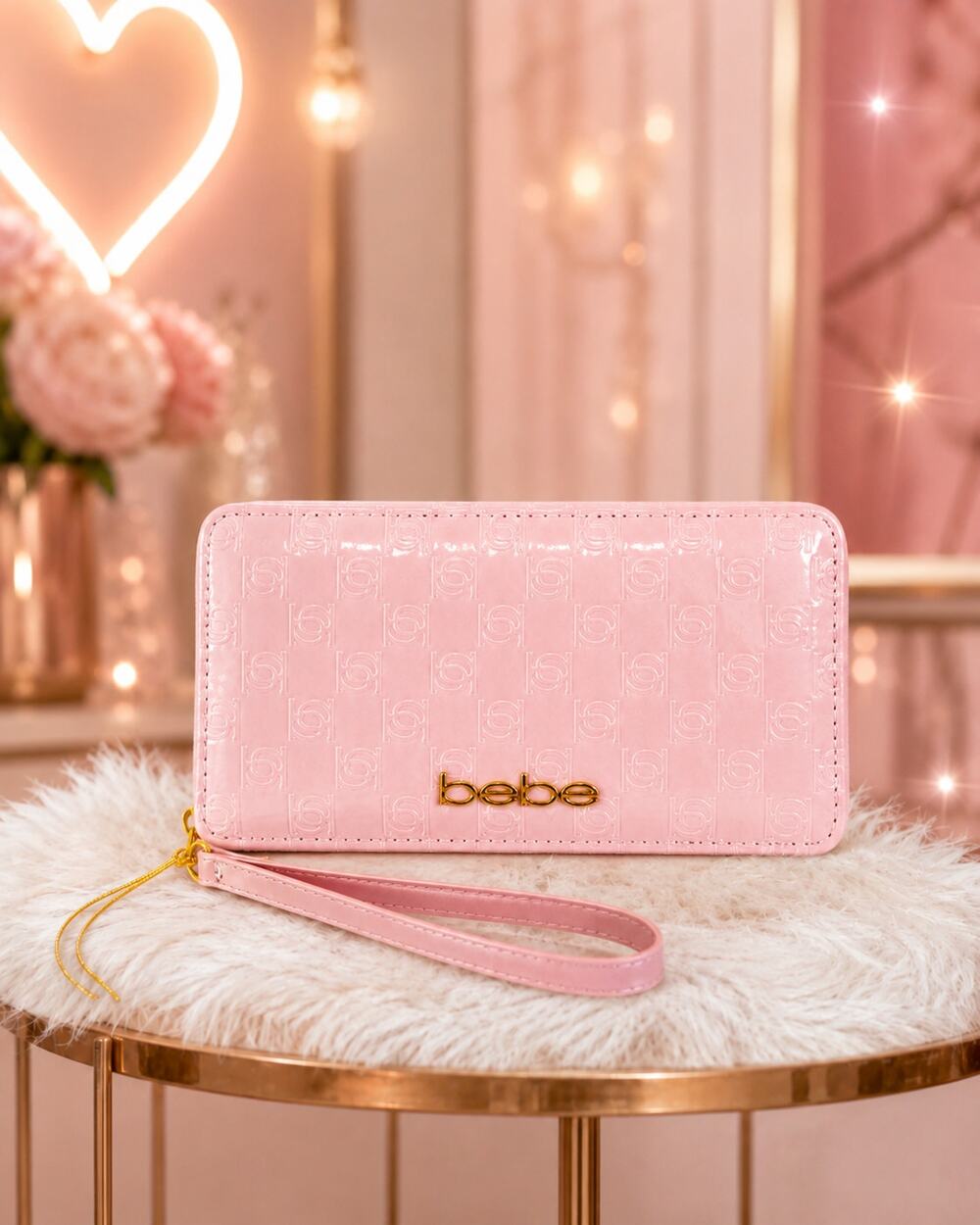 Bebe Blush Pink Embossed Tri Fold Wallet Wristlet NWT